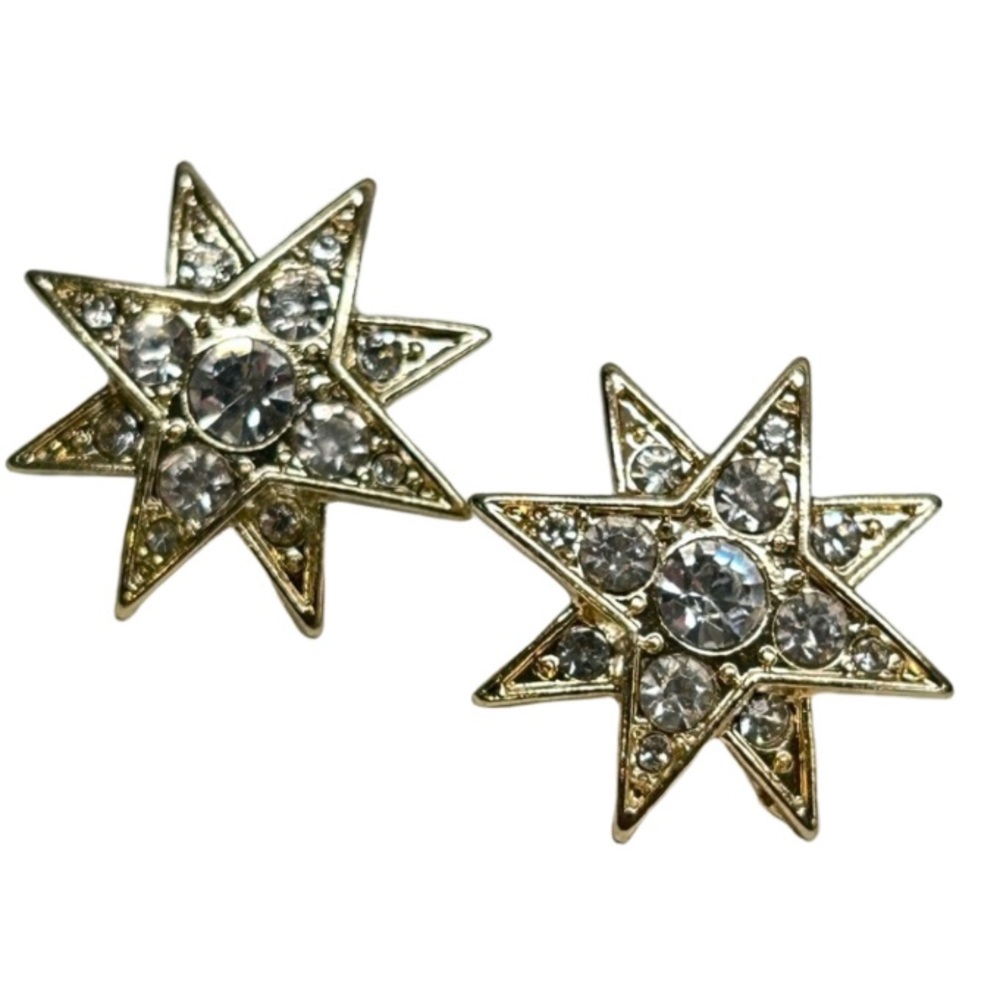 Gold & Rhinestone Costume Jewelry Star Earrings Pushback Style For Pierced Ears